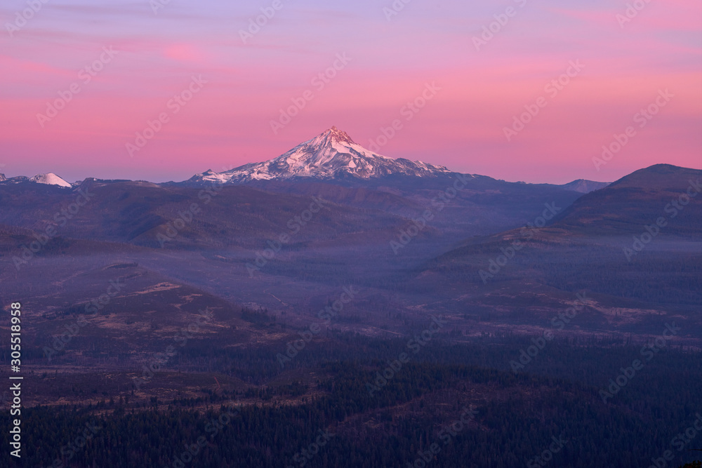 Mountain view with Mt Jefferson in Central Oregon at sunrise.