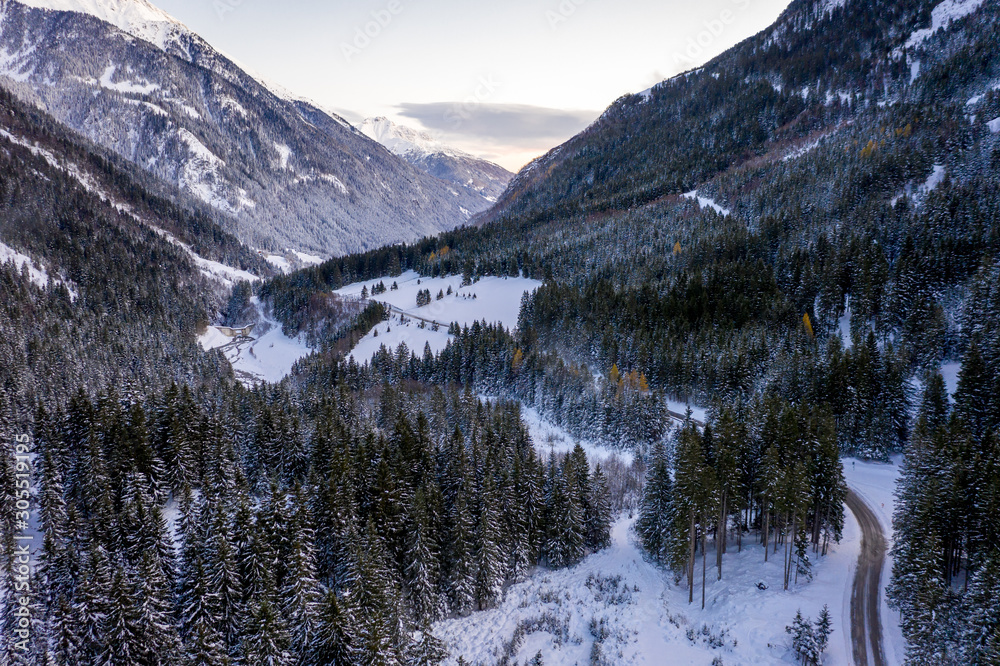 Aerial view of a snowy forest with high pines and road with a car in the winter. Stubaital, Tirol, Austria