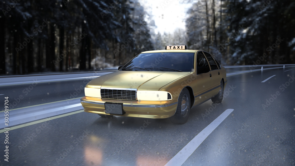 Snow-covered yellow taxi rides through the winter snowy forest road. The concept of safe and comfortable trips to the suburbs. 3d rendering