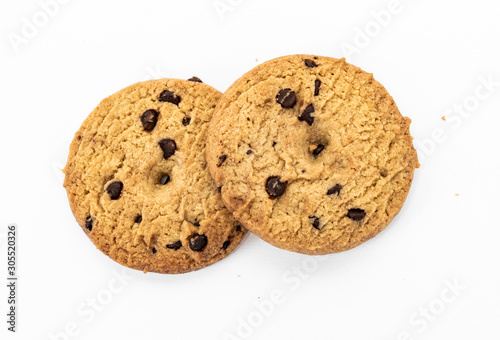 Cookies with chocolate chips on white background.