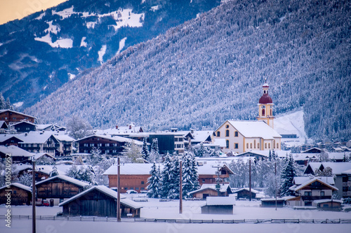 Winter morning cityscape in the Austrian town of Neustift.