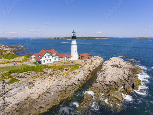 Portland Head Lighthouse aerial view in summer, Cape Elizabeth, Maine, ME, USA. This lighthouse was built in 1791, and is the oldest lighthouse in Maine.