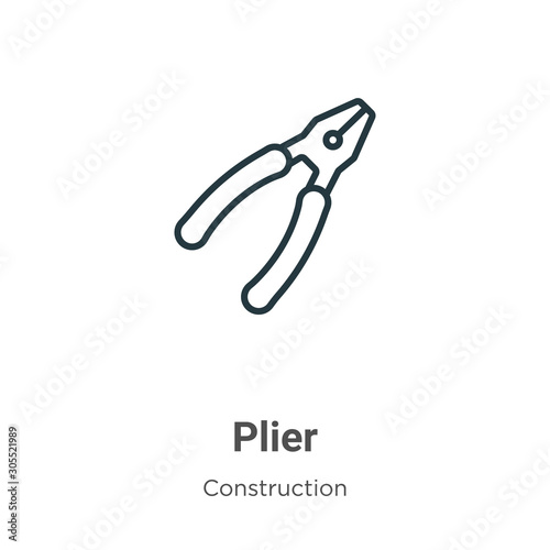 Plier outline vector icon. Thin line black plier icon, flat vector simple element illustration from editable construction concept isolated on white background