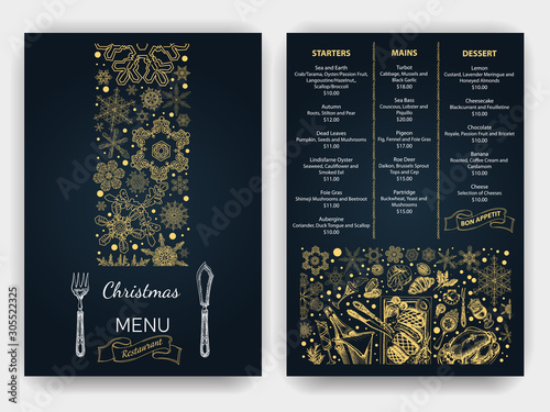 Vector illustration sketch - Greeting cards and holiday design. Vintage Xmas Menu. Christmas holiday invitation. Ornament with snowflakes.