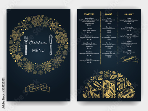 Vector illustration sketch - Greeting cards and holiday design. Vintage Xmas Menu. Christmas holiday invitation. Ornament with snowflakes.