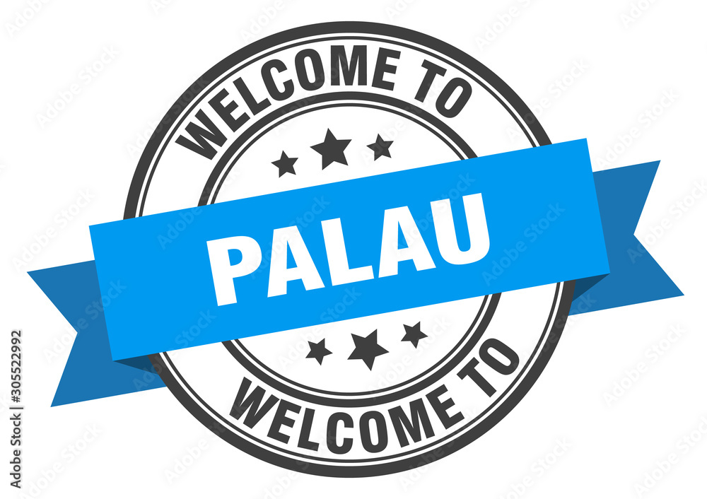 Palau stamp. welcome to Palau blue sign