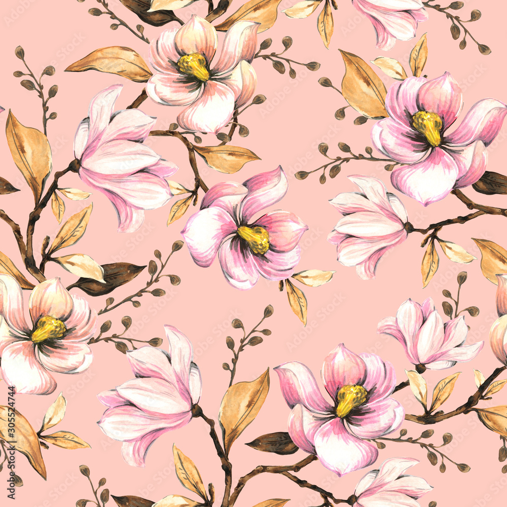 Seamless pattern with magnolias. Floral illustration . Hand drawing, watercolor.  Design wallpaper, fabric and packaging
