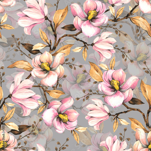 Seamless pattern with magnolias. Floral illustration . Hand drawing, watercolor.  Design wallpaper, fabric and packaging