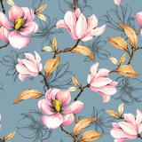 Seamless pattern with magnolias. Floral illustration on a white background. Hand drawing, watercolor.  Design wallpaper, fabric and packaging