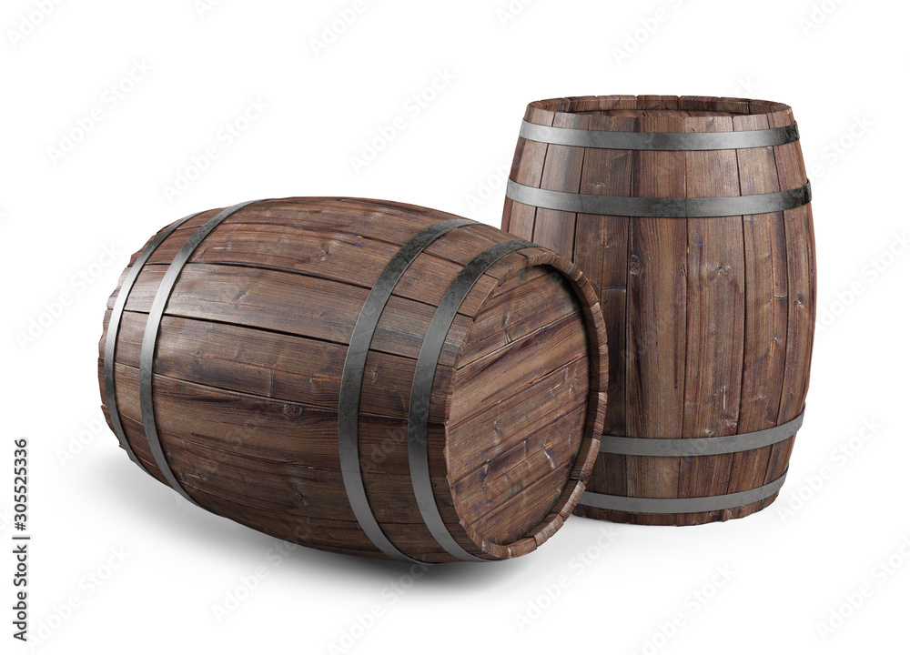 Wooden barrels isolated on white background. Isolated, 3d illustration Wooden barrels isolated on white background. Isolated, 3d illustration