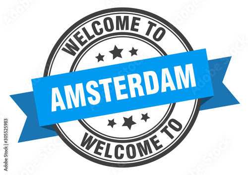 Amsterdam stamp. welcome to Amsterdam blue sign