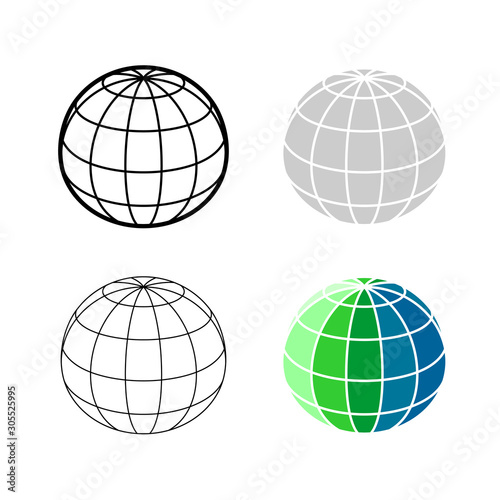 Earth globe 3D mesh model icon. Ball sphere perspective wireframe view illustration. Adjustable stroke width.