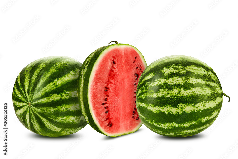 Two green, striped watermelons isolated on white with copy space for text, images. Cross-section. Berry with pink flesh, black seeds. Close-up. Two green, striped watermelons isolated on white with copy space for text, images. Cross-section. Berry with pink flesh, black seeds. Close-up.