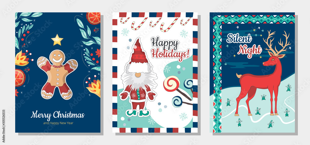 Set of Christmas and Happy New Year greeting cards with hand drawn decorative elements. Trendy vintage concept. Set of Christmas and Happy New Year greeting cards with hand drawn decorative elements. Trendy vintage concept.