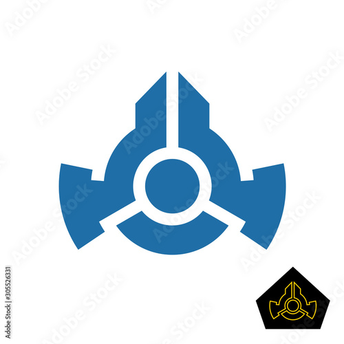 Simple space ship logo or military badge symbol. Tech figure with circle in a center.