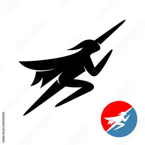Flying superhero man logo. Human black silhouette fly up with hand forward. Sport super hero in a cape and a mask.