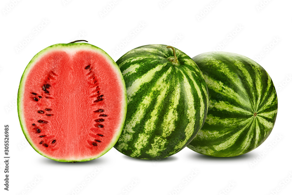 Two green, striped watermelons isolated on white with copy space for text, images. Cross-section. Berry with pink flesh, black seeds. Close-up. Two green, striped watermelons isolated on white with copy space for text, images. Cross-section. Berry with pink flesh, black seeds. Close-up.