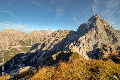 Early morning view from Mt. Hirschwieskopf towards Wimbachgries valley with mountains Hocheisspitze and Hochkalter, and famous Watzmann from its south side, Berchtesgaden national park, Bavaria