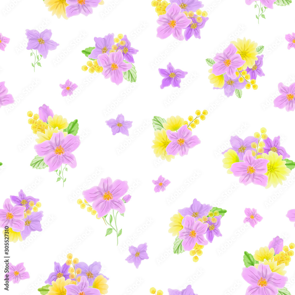 Fototapeta premium Watercolor drawing of wild meadow flowers, buds, inflorescences and leaves. Summer design. Design wallpaper, textiles, packaging, packaging paper, fabric. Seamless pattern.