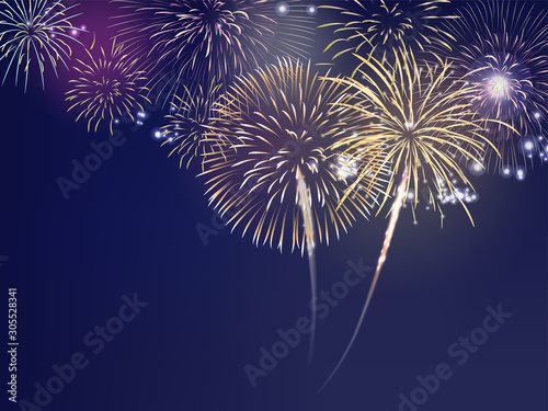 colorful firework set bursting in the blue sky at night in vector illustration. concept for background template for celebration in 2020 new year and Christmas festive seasonal