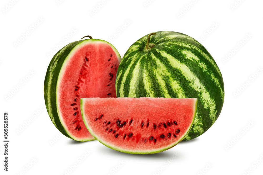 Green, striped watermelon isolated on white with copy space for text, images. Cross-section. Berry with pink flesh, black seeds. Side view. Close-up. Green, striped watermelon isolated on white with copy space for text, images. Cross-section. Berry with pink flesh, black seeds. Side view. Close-up.