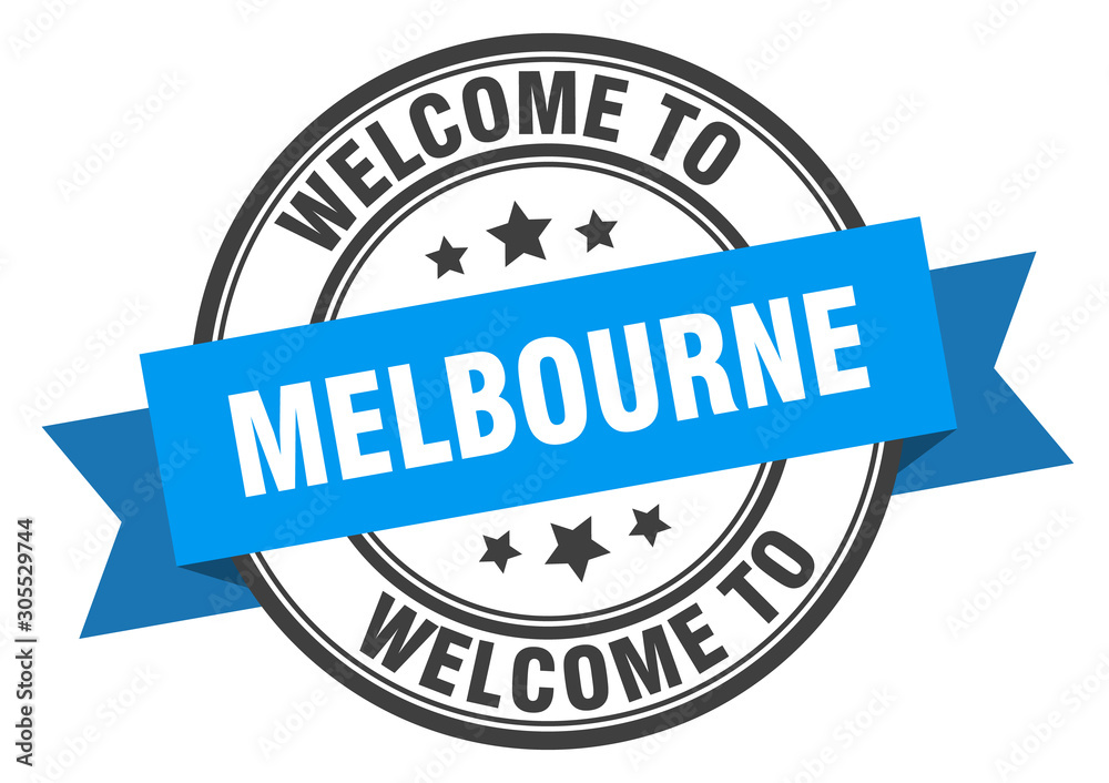 Melbourne stamp. welcome to Melbourne blue sign
