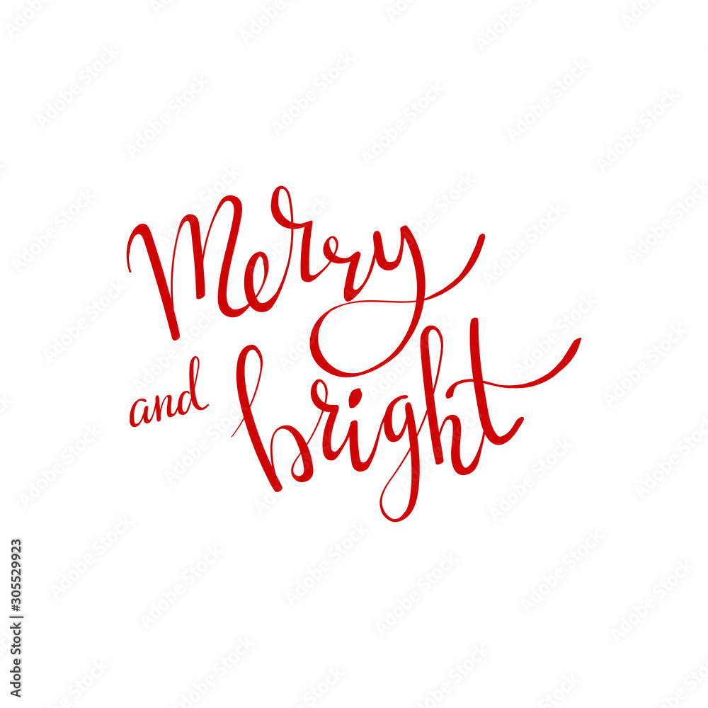 Merry and bright vector text Calligraphic Lettering design card template. Creative typography for Holiday Greeting Gift Poster. Calligraphy Font style Banner.