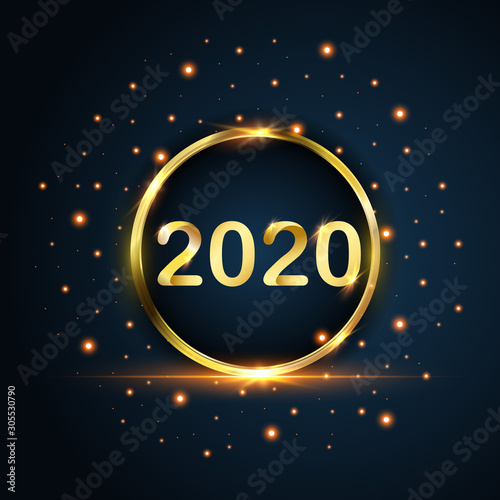 New Year 2020 circle gold glitters on blue background, vector