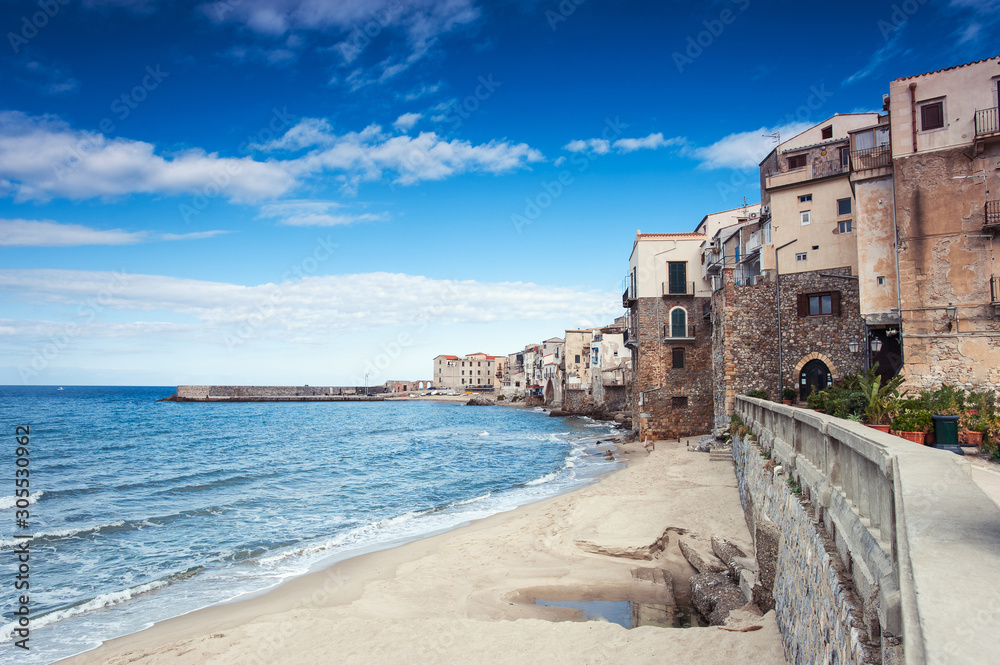 Cefalu. Ligurian Sea and old town-medieval sicilian city