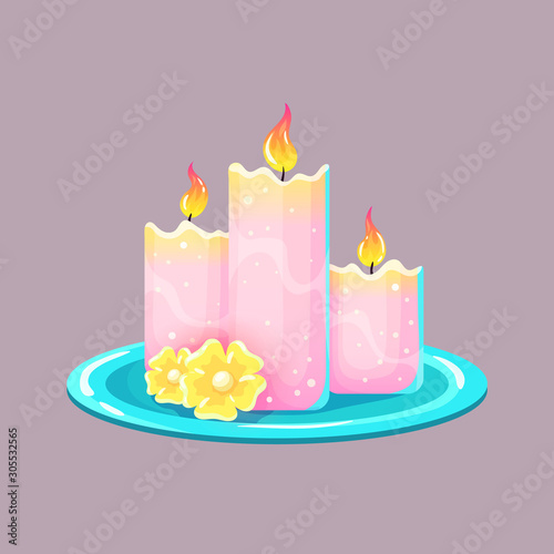 Burning wax or paraffin aromatic candles for aromatherapy.