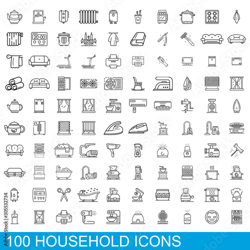 100 household icons set. Outline illustration of 100 household icons vector set isolated on white background