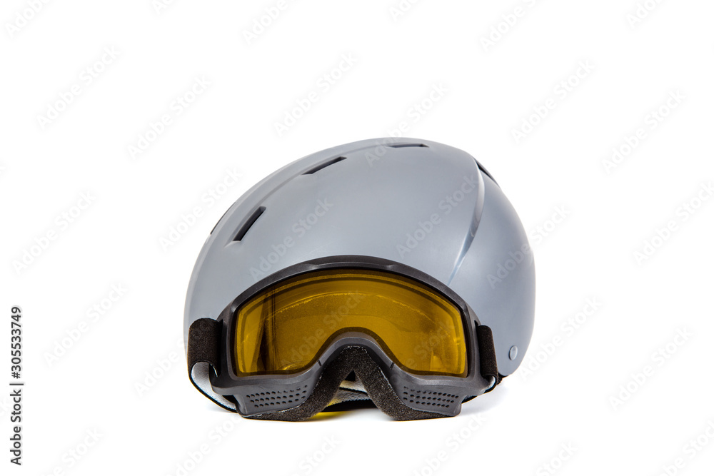Fototapeta premium Ski helmet ski goggles isolated on white background. The concept of skiing, proper clothing and preparation for winter sports.