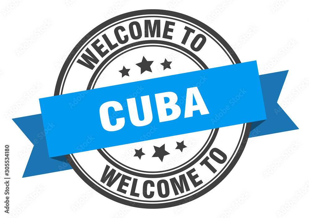 Cuba stamp. welcome to Cuba blue sign