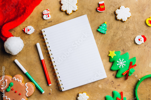 Fototapeta Naklejka Na Ścianę i Meble -  Letter to Santa Claus. Christmas card with decoration, flat lay, overhead