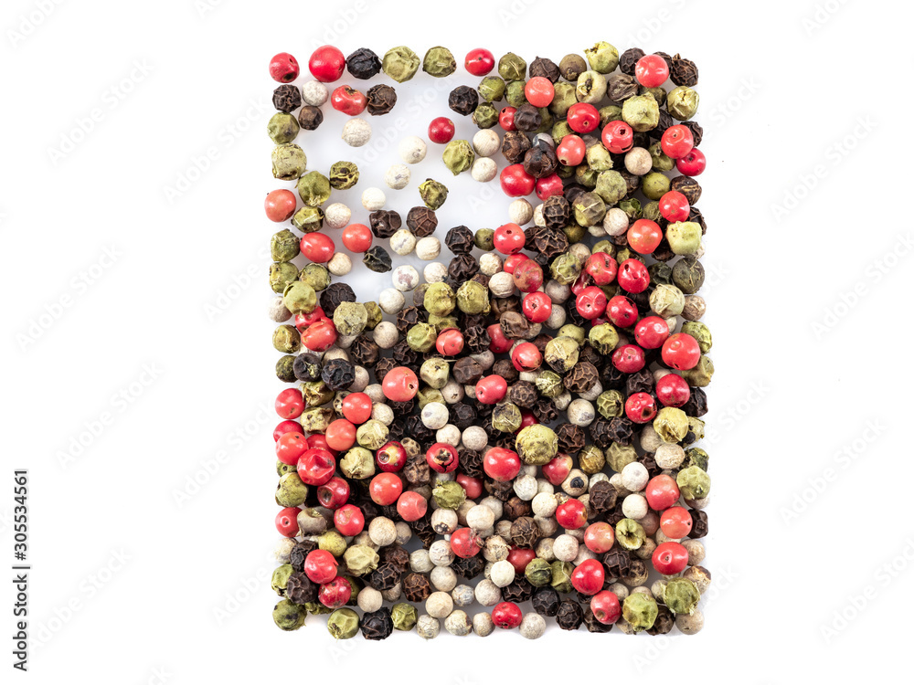 Mixture of peppercorns isolated on white background with copy space for text or images. Spices and herbs. Packaging concept. Close-up. Mixture of peppercorns isolated on white background with copy space for text or images. Spices and herbs. Packaging concept. Close-up.