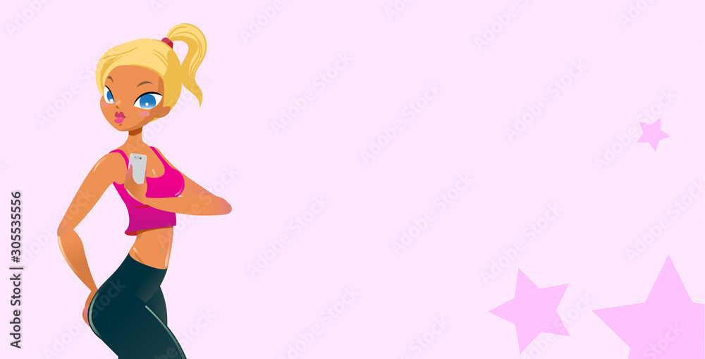 Summer poster design. Cartoon style blonde girl makes selfie on her mobile phone. Vector illustration. Summer poster design. Cartoon style blonde girl makes selfie on her mobile phone. Vector illustration.