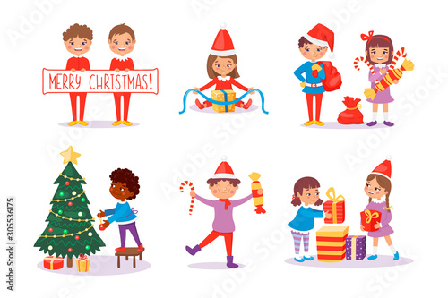 Smiling kids packing gifts. Decorating Christmas tree for celebration. Happy children in New Year fairy costumes with candies and lollipops presents. Cute characters. Vector illustration, cartoon flat