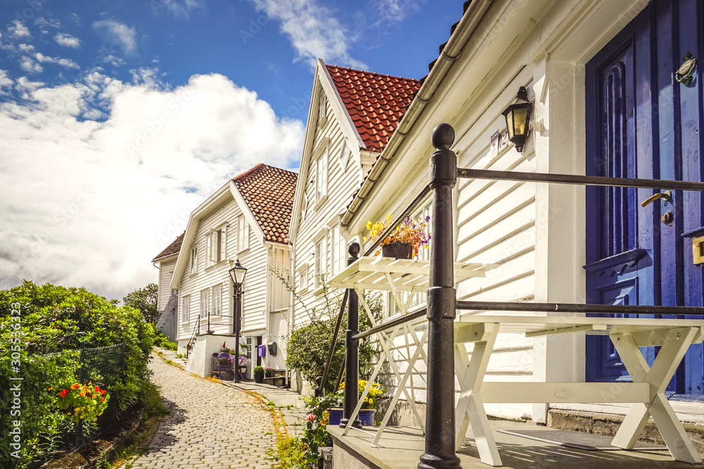 Charming White Houses in Stavanger, Norway.