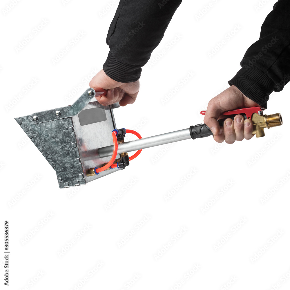 nozzle for plastering work, plaster industrial pump machine on a white isolated background