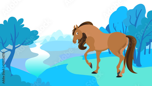 Horse in forest landscape. Use it for print or web desing.