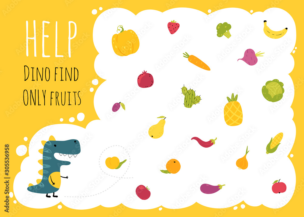 Dinosaur Maze. Cool kids mini game for development. Colorful vector stock illustration in simple cartoon style. Help Dino find only fruits between vegetables.