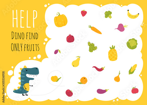 Dinosaur Maze. Cool kids mini game for development. Colorful vector stock illustration in simple cartoon style. Help Dino find only fruits between vegetables.