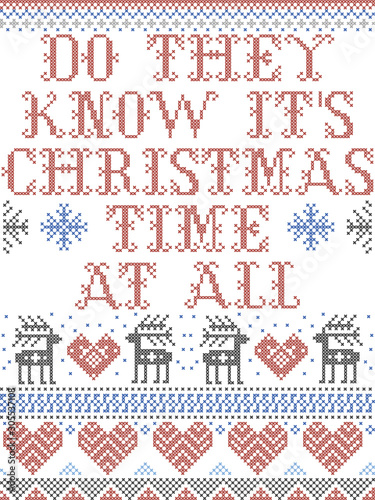 Scandinavian Christmas pattern inspired by Do They Know Its Christmas Time at all  carol festive elements  in cross stitch with heart, snowflake, Christmas tree, star, snowflakes in red, blue, white