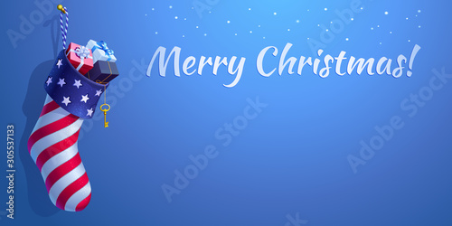 Christmas stocking in the style of American flag. 3D realistic vector sock-shaped bag with a gift boxes. Blue background with a falling snowflakes, calligraphic text 'Merry Christmas' and a copy space