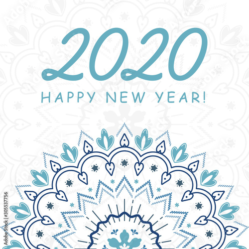 Happy new year greeting card. Winter snowflake ornament vector illustration.