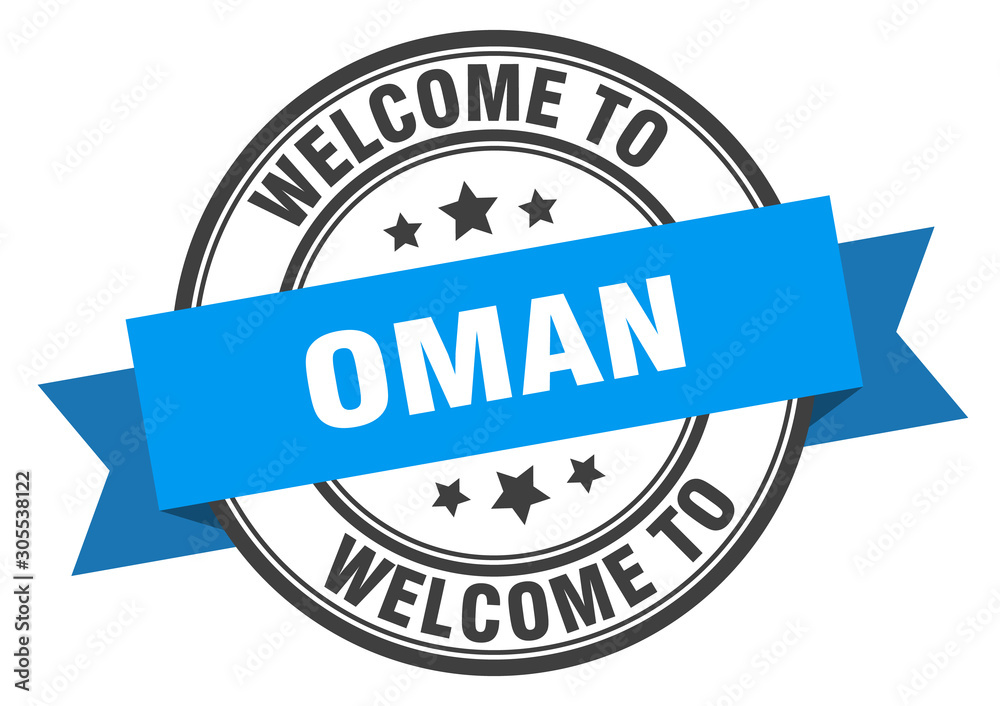 Oman stamp. welcome to Oman blue sign
