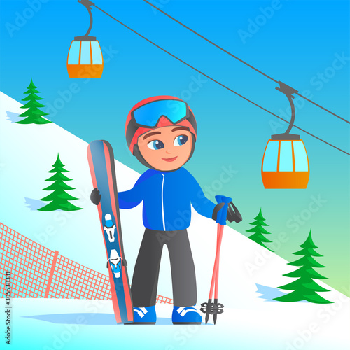 Ski winter resort. Cute boy stands with skiing and sticks in his hands. Dressed in a blue tracksuit. In the background a hillside with a funicular. Cartoon vector illustration.