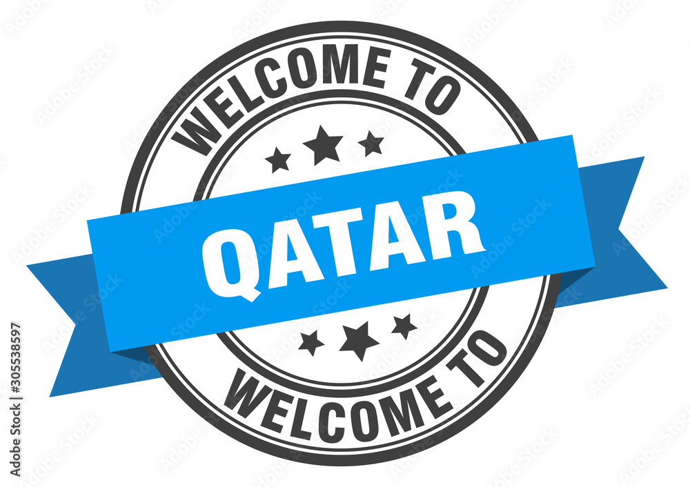 Qatar stamp. welcome to Qatar blue sign