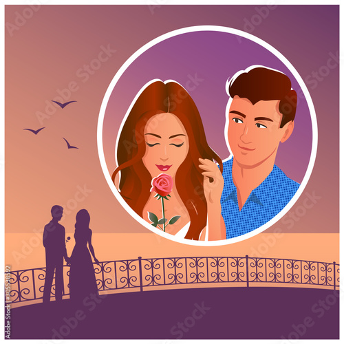 Beautiful couple on the promenade by the sea. Silhouettes of lovers in the distance. Nearby is a round picture with faces close-up. Vector illustration in graphic novel style.