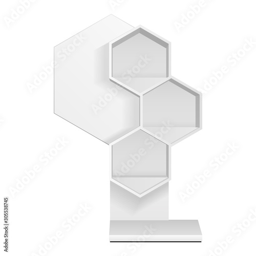 Mockup Hexagonal Retail Shelves Floor Display Rack For Supermarket Blank Empty. Cell. Cardboard . Mock Up. 3D On White Background Isolated. Ready For Your Design. Product Advertising. Vector EPS10
